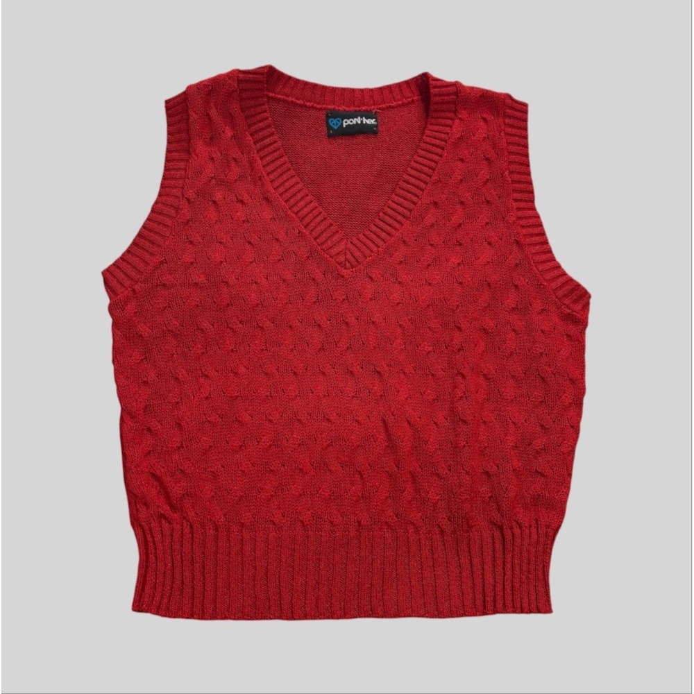 Vintage Red Cable Knit Sweater Vest Woman's Small Union Made in USA Panther